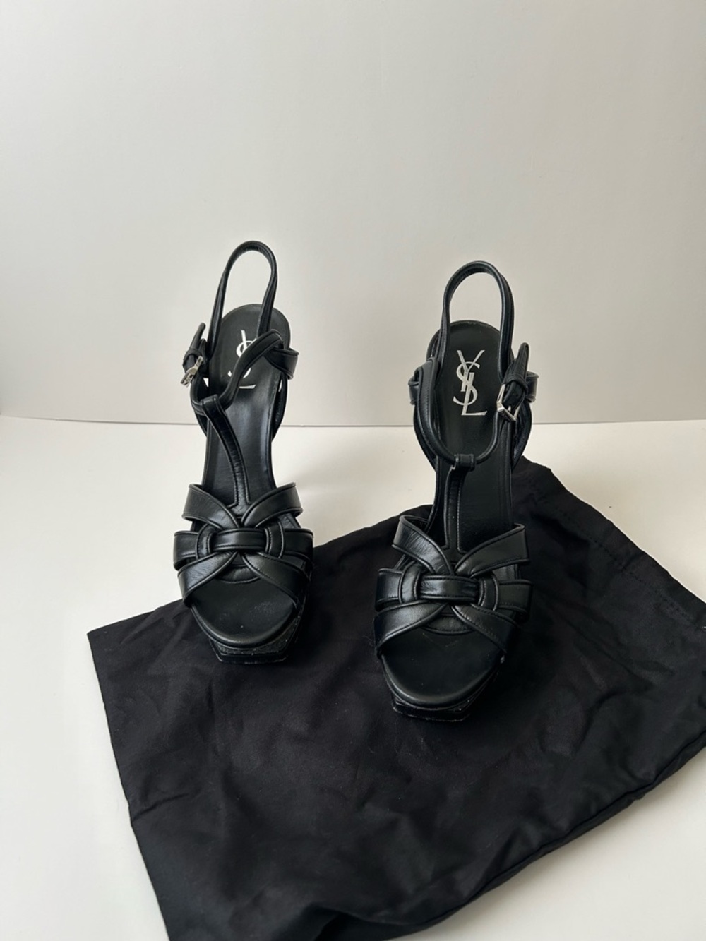 Saint Laurent Black Leather Platform Slingback Heels with Glitter - Picture 3 of 4